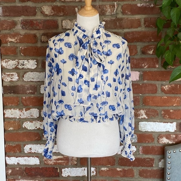 Blue Floral Blouse MISA Los Angeles Vyvienne Floral Tie-Neck Blouson Top small - Picture 3 of 14